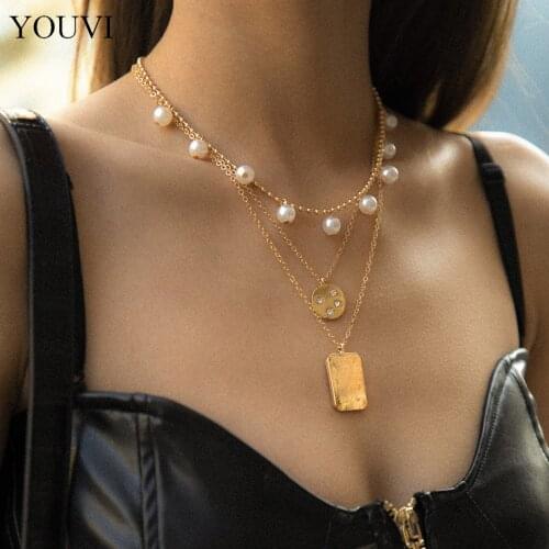 YOUVI Geometric Rhinestone Coin Pendant Necklace Jewelry Elegant Boho Pearls Chain Necklace For Women Choker Chains on Neck
