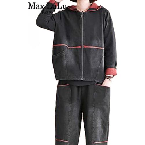 Max LuLu 2021 Fashion Spring Women Denim Hooded Two Pieces Sets Ladies Vintage Loose Jackets And Elastic Jeans Punk Style Outfit