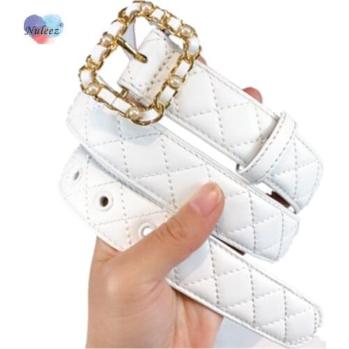 Nuleez Leather Belt Women Pear Decoration Cowhide Striped Plaid Pattern Luxury Dress Accessory