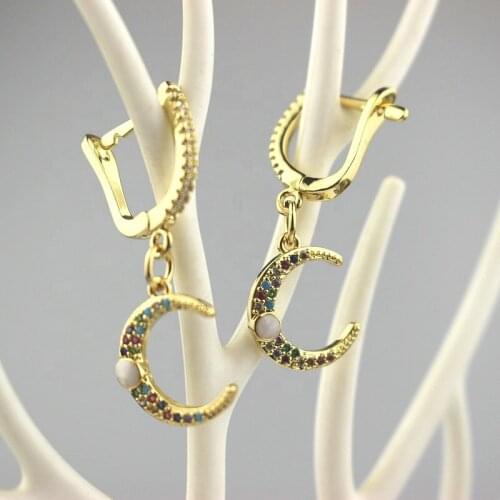 5pair/lot Fashion rainbow cz moon shape earring,popular cubic zircon charm,new design earring cheap wholesale