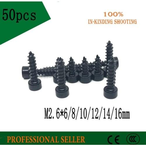 50pcs M2.6*6/8/10/12/14/16 mm Carbon Steel With Black M2.6 Hexagon Socket Cap Head self tapping screw Model Screw