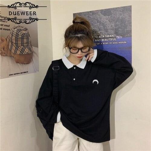 Womens T-shirts Tops Women Long Sleeve T-shirt Turn-down Collar Loose Embroidery Harajuku BF Autumn Korean All-match Trendy Chic