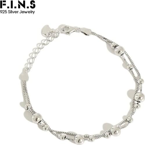 F.I.N.S Korean S925 Sterling Silver Bracelets Layered Round Bead Balls Slim Box Chain Bracelet Female Costume Silver 925 Jewelry