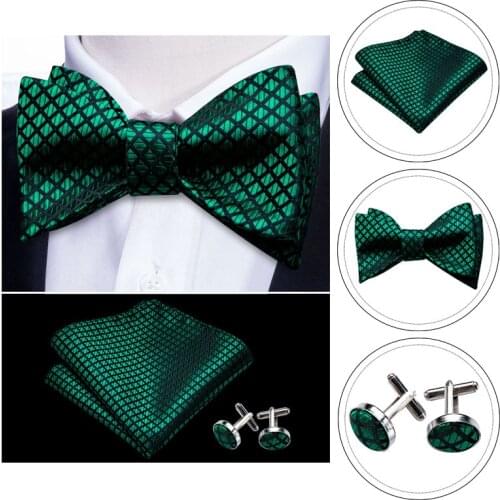 Bowtie for Men Solid Green Bow Tie Plaid Silk Bowtie Set Handkerchief Cufflinks Checked Bows Self-Tied Tie Barry.Wang Wholesale
