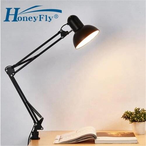 HoneyFly Flexible LED Table Lamp Swing Arm Clamp 220V US Plug Desk Light Mount Lamp Office Studio Home E27/E26 Bulb Table