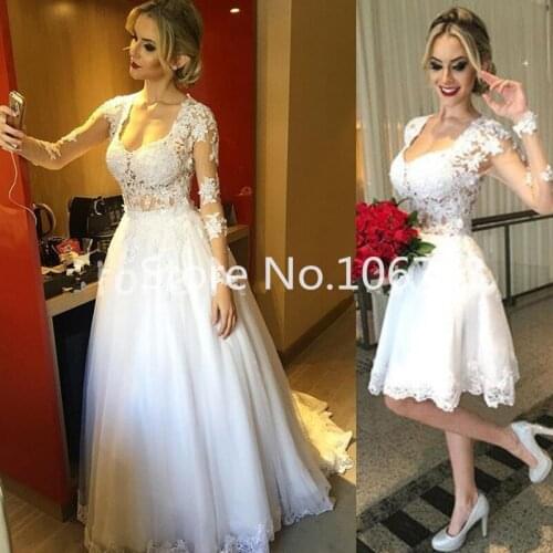 Two-Piece Long Sleeve 2018 Sexy New White Beaded Appliques Tulle Wedding Dress Bridal Gown vestido de noiva robe de mariage