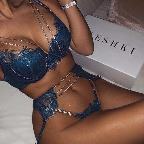 3PCS Sexy Women Lingerie Suit Sparkle Crystal Rhinestone Chain Bra High waist Briefs Garter Belt Underwear Nightwear Sets