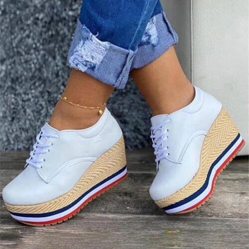 Womens Shoes Lace Up Straw Hemps Wedges Platform High Heels Vulcanized Shoes Ladies Solid Sneakers Female Fashion Plus Size 43