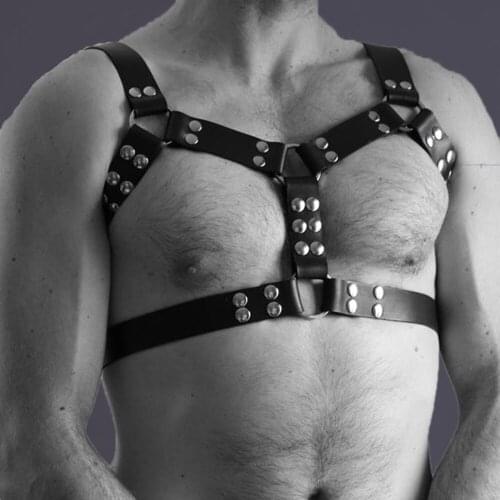 Q.FURDREAM PU Mens Sexy Goth Bondage Restraints Leather Belt Chest Straps Harness Gay Buckles Light Clubwear Toys For Man