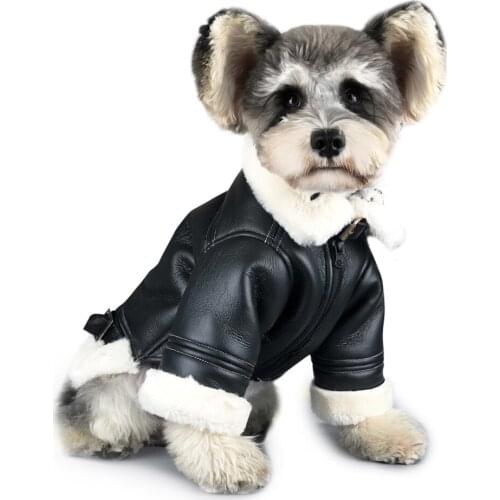 Winter Faux Fur Coat Fashion PU Leather Dog Clothes Soft Lapels Black Jackets Thicken Warm Coats For Puppies Teddy French Bulldo