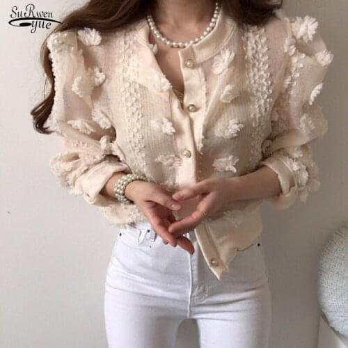 Autumn New 2021 Stereoscopic Flower Perspective Blouse Women Fashion Ladys Tops Aprciot Elegant Long Sleeve Chiffon Shirt 15443
