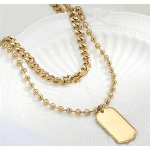 Stainless Steel Rectangle Pendant Necklaces Double Layer Geometry Choker Golden Collar For Women Clavicle Chain Necklace Jewelry