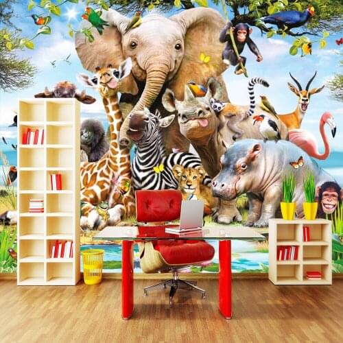 Seamless wallpaper cartoon animals trees background wall professional production mural wallpaper