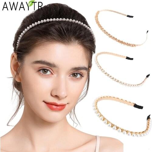 AWAYTR New Women Pearls Simple Hairbands Crystal Bow Headband Hair Hoops Holder Ornament Head Band Lady Fashion Hair Accessories