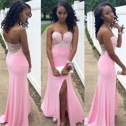Romantic African Pink Mermaid Prom Dresses Long 2019 Sheer Beaded Crystals Sweetheart Side Slit Party Dress Cheap Clothes China