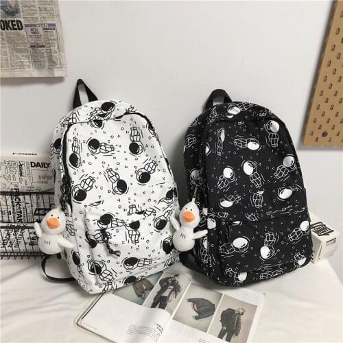 Fashion Women Backpack Kawaii Cartoon Character Print Nylon School Bags For Girls Doll Pendant Waterproof School Backpack