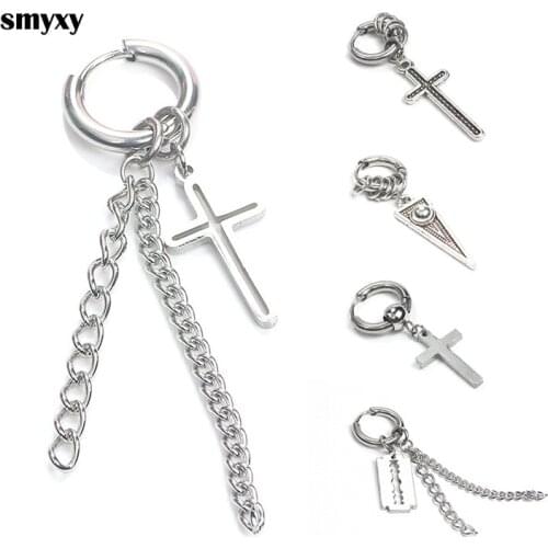 1Piece Men Women Punk Stainless Steel Blade Cross Small Circle Long chain Tassel Earring Piercing Hip-hop Street pop Ear Jewelry