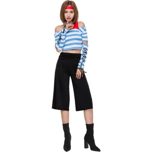 Top And Trousers Blue Stripes Female Warrior Cosplay Woman Halloween Pirate Costumes Carnival Purim Parade Role Play Party Dress