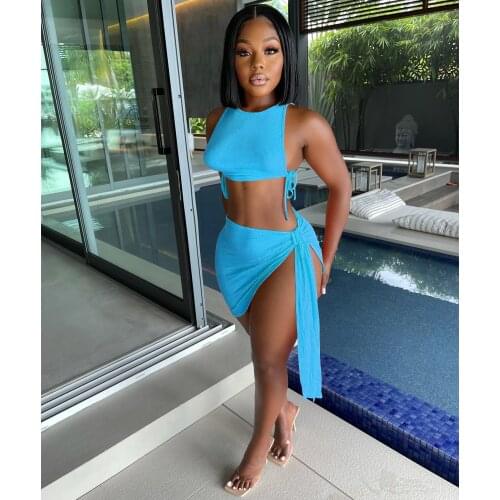 Knitted Ribbed Two Piece Set Bandage Crop Top Bodycon Mini Skirts Beachwear Outfits Summer Y2K Clothes Sexy Club Matching Sets