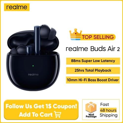In Stock realme Buds Air 2 ANC Wireless Earphone 88ms Super Low Latency 25h Playback Game Music Sports Bluetooth Headphones