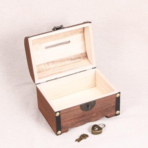 Vintage Treasure Storage Box Piggy Bank Organizer Saving Box Case with Lock for Home Retro Wooden Pirate Treasure Box