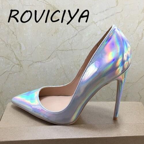 Silver fashion new pointed toe high-heeled exquisite colorful elegant shoes 12cm high heel ladies party shoes QP032 ROVICIYA