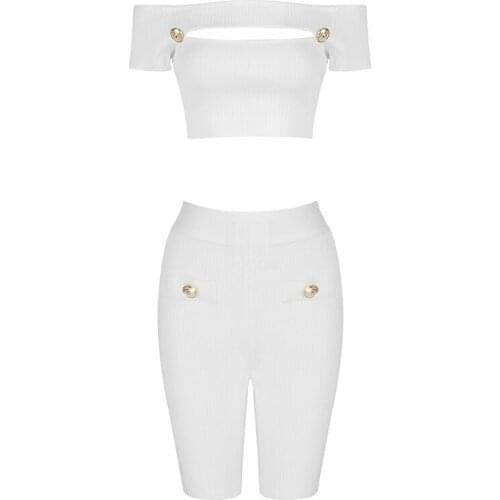 2021 Ladies Summer Sexy Off Shoulder Button White Two Pieces Bandage Sets Fashion Celebrity Party Womens Set