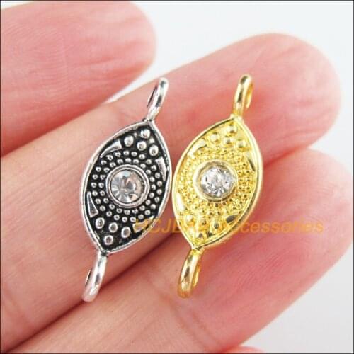 20 New Oval Clear Charms Crystal Eyes Tibetan Silver Tone & Gold Color Connectors 8.5x23.5mm