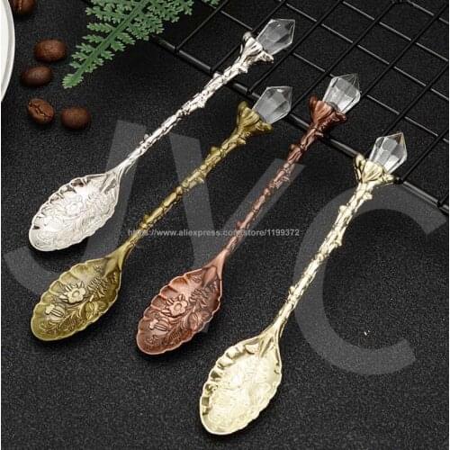 200pcs Vintage Carved Retro Pattern Coffee Tea Spoon Teaspoon Crystal Stirring Dessert Honey Ice Cream Scoop