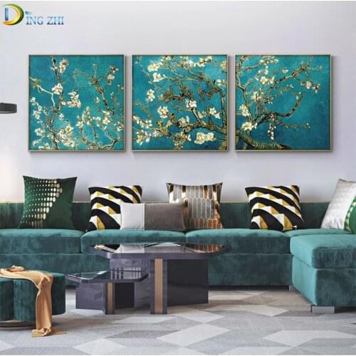 3Pcs Almond Blossom Diamond Art Paintings Home Wall Decor Impressionist Flowers Diamond Embroidery For Living Room Mosaic Kit