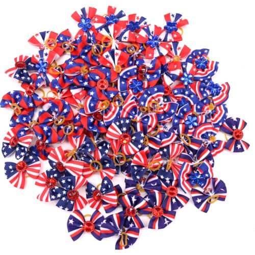 60pcs Handmade Pet Puppy Dog Cat Hair Bows for 4th of July with Rhinestone Red White Blue Pet Hair Accessories Pet Supplies
