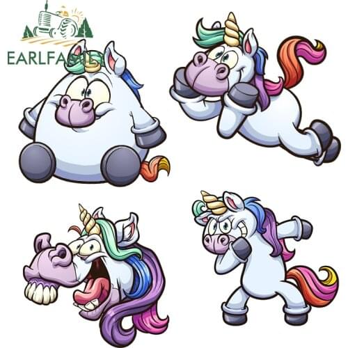 EARLFAMILY 13cm for Crazy Magic Unicorn Rainbow Cartoon Car Stickers Vinyl Car Wrap Decals Surfboard Trunk Graffiti Graphics