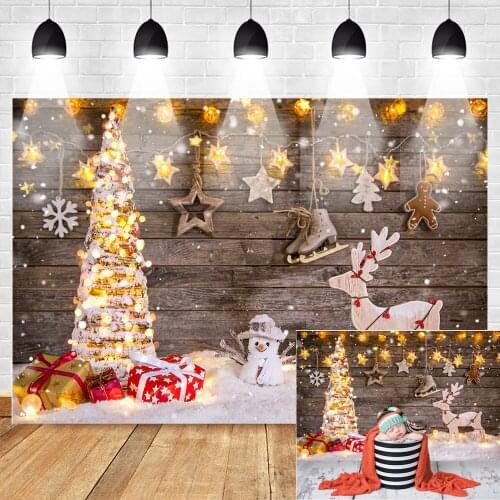 Winter Snowman Photo Backdrop Wood Floor Christmas Tree Gift Boy Toy Photography Background White Snow Wall Studio Supplies Prop