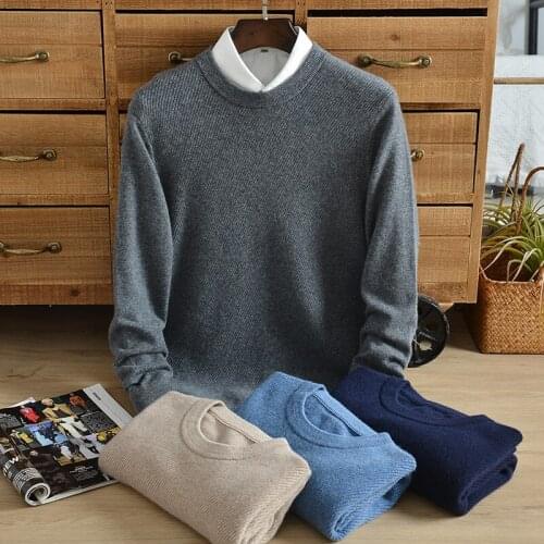 Mens Cashmere Sweater Pure Cashmere Sweater Winter Thicken Warm Round Neck Knitted Pullover Middle-aged Pure Color Jacquard