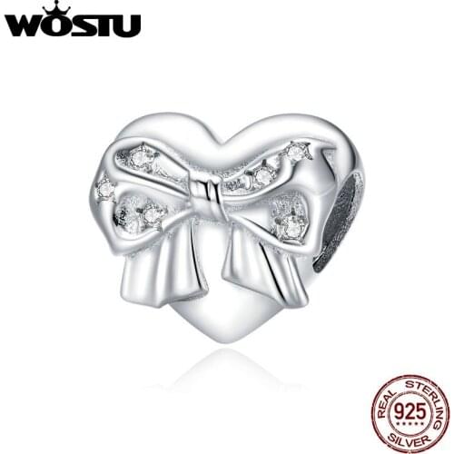 WOSTU Sterling Silver Shining Zircon Bow & Love Heart Charm Fit Original Silver Bracelets Pendant Jewelry Making BNC381