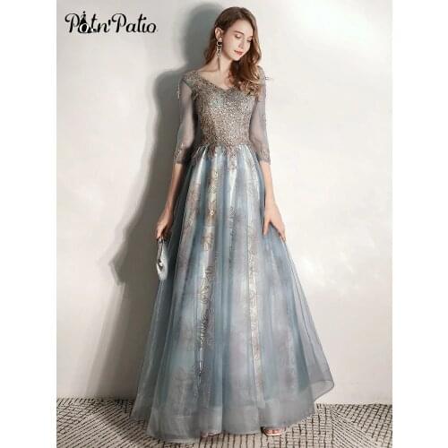 Luxury Sequin Appliques V-neck Floor-length Long Evening Dresses With Sleeves 2020 Plus Size Special Occasion Dresses