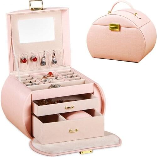 SemiRound Jewelry Storage Box PU Leather Cover European Style Jewelries Makeup Holder Organizer for Rings, Earrings,Necklace