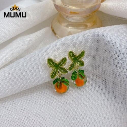 New Creative Persimmon Painting Oil Glazed Glass Earrings For Orange Color Flower Leaf Stud Earrings Women Jewelry Accessories