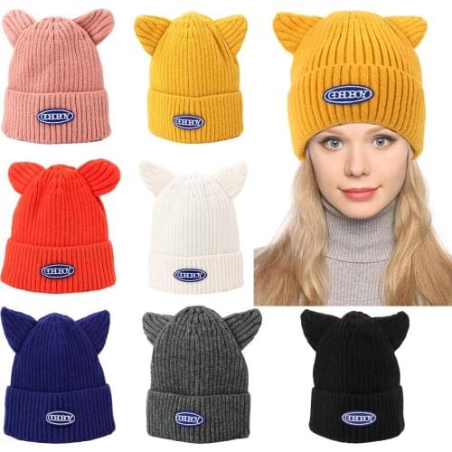 New Winter Hats for Women Adult Beanie With Ear Cute Fashion Cap Solid Color Cotton Knitted Warm Letter Bonnet Outdoor Bone Hats