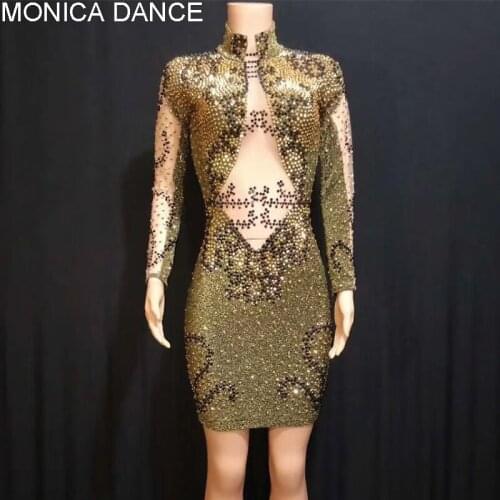 Sexy Stage Crystals Mesh Dress Jumpsuit Bright Gold Rhinestones Bodysuit Women Celebrate Luxurious Costume See Through Jumpsuit