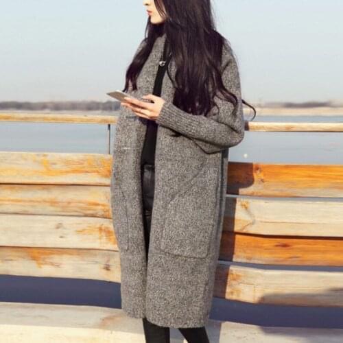 Autumn New Fashion Women Knitting Sweaters Pocket Solid Color V-Neck Loose Sweater Casual Cardigan Medium Long Coat Female