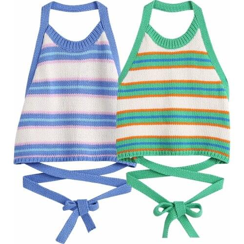 Za Women Fashion Sexy Cropped Stripe Knitted Blouses Vintage Backless Female Shirts Cross Necked Vest Neck Tops