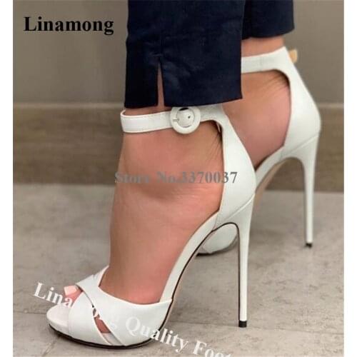 Linamong Women Elegant Open Toe White Leather Stiletto Heel Sandals Ankle Strap Buckle High Heel Sandals Dress Heels Shoes