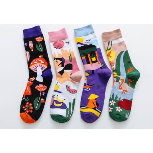 Women Socks Occident Fashion Colorful Print Socks Women with Mushroom Spring Woman Socks Cotton Calcetines Mujer Meias