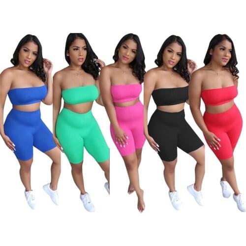 Women Solid Color Sportwear Tracksuit Two Piece Set Strapless Crop Top +Shorts Summer Stretch Jogging Set Home Apparel