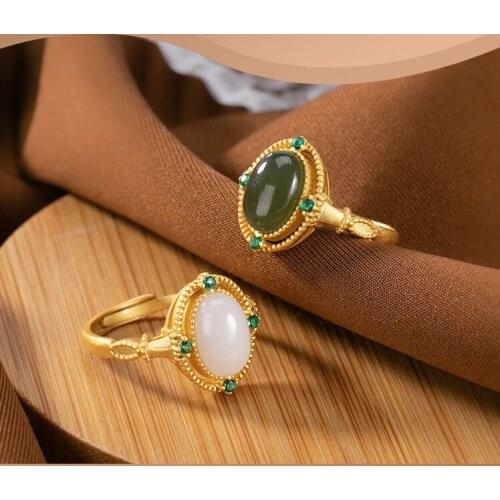 100%S925 Sterling Silver Inlaid Hotan Jade White Jade Sapphire Lady Temperament Classic Open Ring
