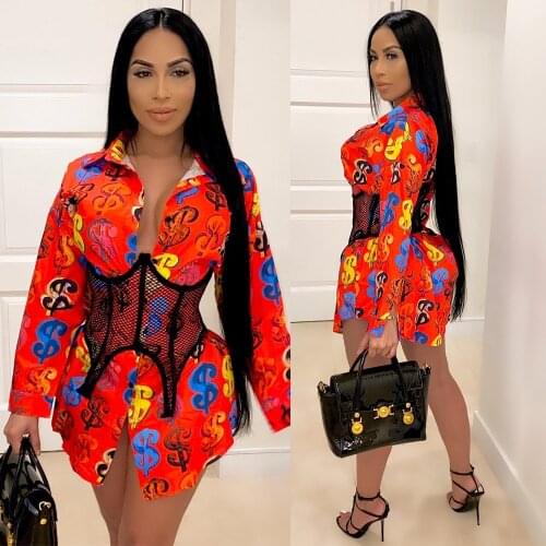 Dollar $ Print Long Sleeve Shirt Dress Women Fall Clothes Turn-down Collar Button Mini Casual Dress Streetwear Loose Party Dress