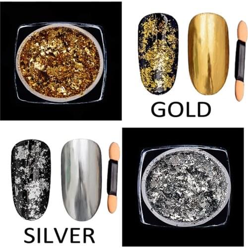 2Pc Holographic Gold&Silver Foil Scrap Flakes Nail Glitters Mirror Flakes for Nails Pigment Manicure Sequins Foil Decal G
