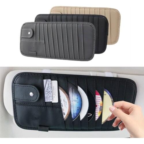 Car Sun Visor CD DVD Bag PU Leather Disc Storage Case Auto Sun Shade Sunglasses Holder Card Bills Tickets Organizer Pen Clip