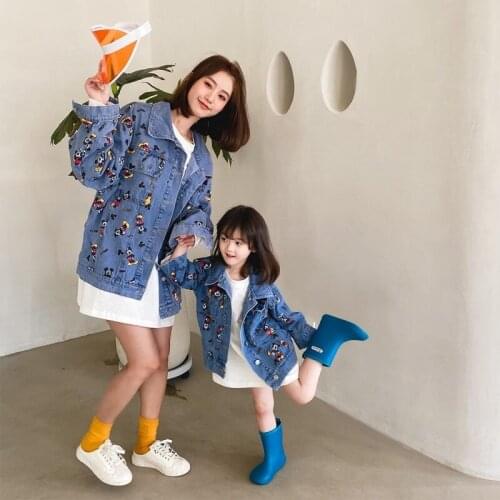 Denim Coats for Mother and Daughter 2021 Family Matching Outfits Korea Cartoon Printed Jacket Baby Girl Family Matching Clothes
